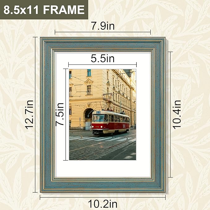 Vittanly 8.5x11 Picture Frame Set of 4, Vintage Photo Frame for Wall Mount, Display 6x8 Pictures with Mat or 8.5x11 without Mat, Rustic Farmhouse Home Decor, Blue
