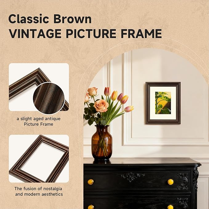 5x7 Picture Frame, 2 Pack Ornate Vintage 5 x 7 Photo Frame with Real Glass, 5 by 7 Poster Frames for Wall or Tabletop, Display Poster Frame 4x6 with Mat or 5x7 without Mat for Antique Déco, Brown