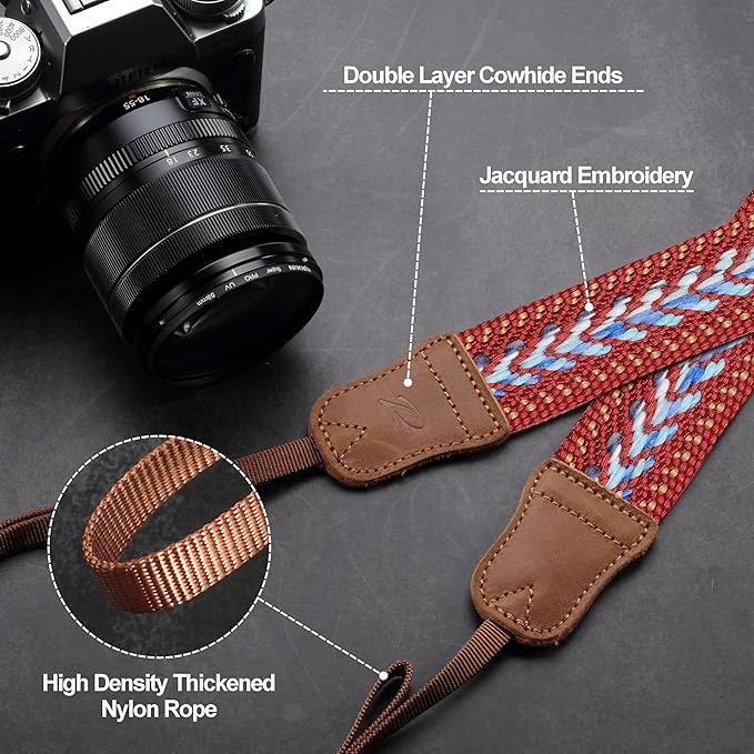 Padwa Lifestyle Speed Red Camera Strap - 1.5" Soft Cotton Rope Weave Crazy Horse Cowhide Head Camera Straps for Photographers and All Cameras,Cute Adjustable Vintage Woven Strap for Adults & Kids