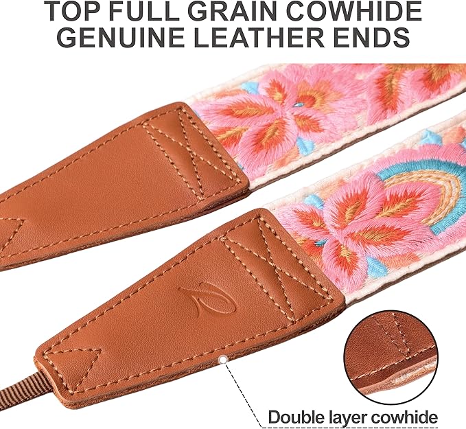 Padwa Lifestyle Colorful Knit Camera Strap - 2" Full Grain Leather Ends Camera Straps for Photographers, Vintage Embroidered Cotton Soft Suede Fabric Padded Strap Quick Release fits All Cameras
