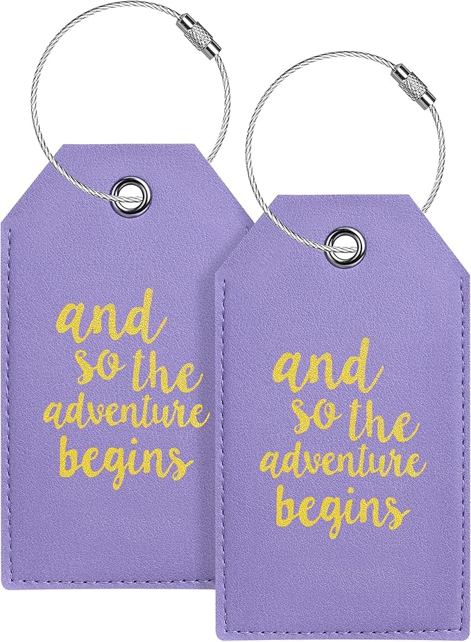 Luggage Tag & Initial Baggage Tags for Suitcases Leather Bag Tags for Backpacks Handbag School Instrument with Name ID Label Travel Essentials, Unique Fun Purple Personalized Luggage Tags 2 Pack