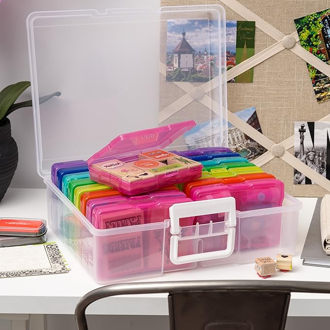IRIS USA 4" x 6" Photo Storage Box Craft Keeper, Transparent Handle Container with 16 Organization Holder Cases for Pictures, Tasks, Scrapbooking, Ephemera, Stationery Storage, Multi-Color/Clear