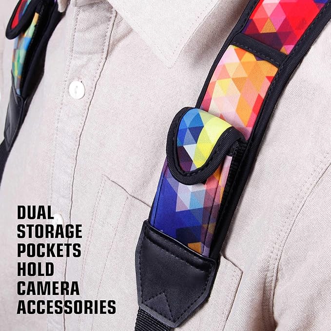 USA Gear DSLR Camera Strap Chest Harness with Quick Release Buckles, Geometric Neoprene Pattern and Accessory Pockets - Compatible with Canon, Nikon, Sony Point and Shoot and Mirrorless Cameras