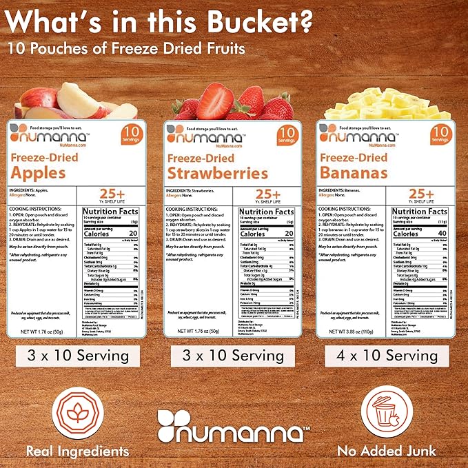 Numanna Freeze-Dried 3 Fruit Bucket – 300 Servings | Apples, Bananas, Strawberries | Healthy Snack for Everyday, Emergency & Survival Use | Durable Packaging | 25+ Year Shelf Life | Made in USA