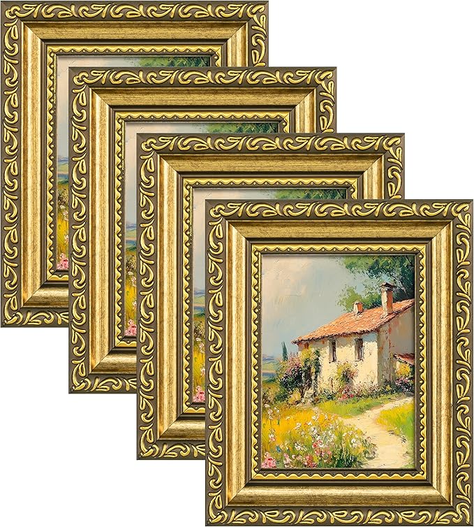 eletecpro 3x4 Picture Frames Set of 4, Rustic Gold Frames with Glass Cover, Ornate Vintage Photo Frame Displays 3x4 Photo for Tabletop, Gold