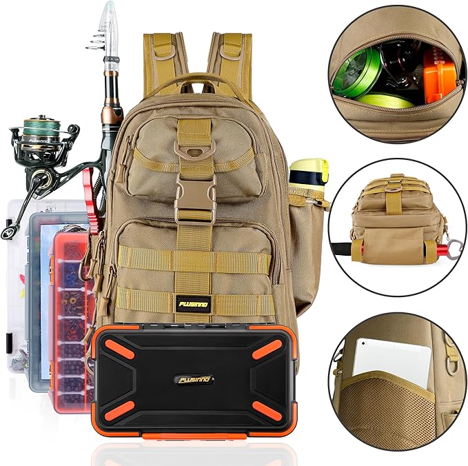 PLUSINNO Fishing Backpack Tackle Bag, Water-Resistant Backpack with Rod Holder, Ideal Gifts for Men