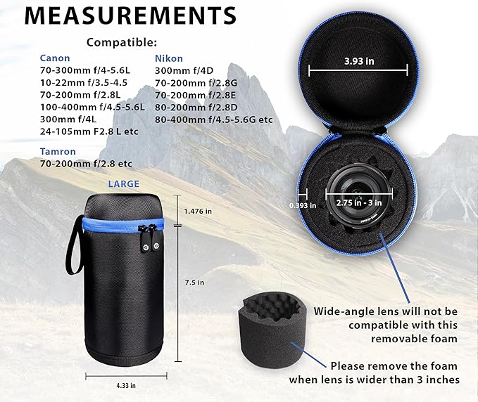 WGear Semi-Hard Lense Case for DSLR Camera Lens (Canon, Nikon, Sony, Pentax, Olympus, Panasonic,etc), Medium Size with Carabiner, Lens Cleaning Wipe (Black Medium)