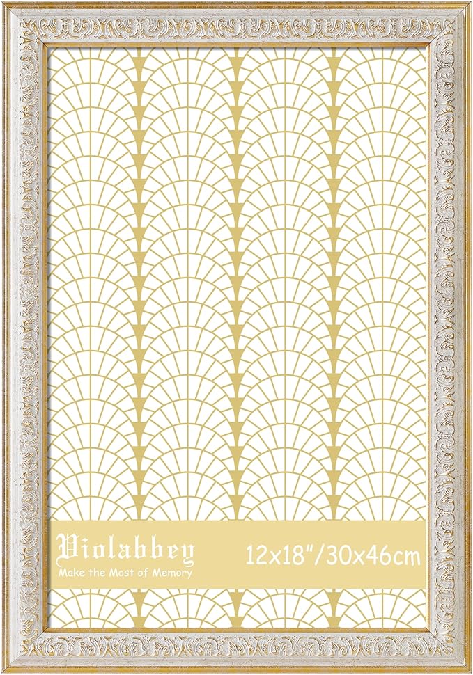 VIOLABBEY 12x18 Picture Frame White, Vintage Photo Frames Ornate without Mat for Wall Hanging