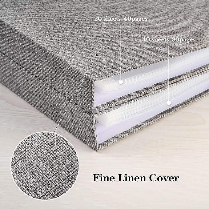 Mublalbum 12x12 Inch Large 3 Ring DIY Scrapbook Photo Album with 40 Plastic Sleeves 80 Pages Linen Cover Folder Binder for Baby Travel Wedding Couple Anniversary and DIY Projects (Grey)