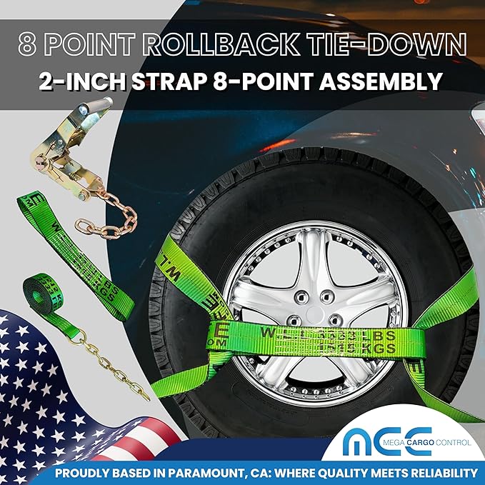 Mega Cargo Control USA 8 Point Tie Down Kit, Green Rollback Towing Strap Set with Black Sleeve Protectors - Car Hauler Set for Flatbed, Tow Truck, Side Mount
