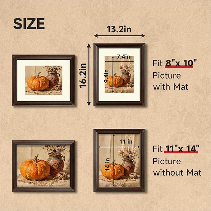 11x14 picture frame, 2 Pack Photo Frame for Wall or Tabletop Display, Ornate Vintage 11 x 14 Picture Frames with Real Glass, Display Poster 8x10 with Mat or 11x14 without Mat for Antique Déco, Brown