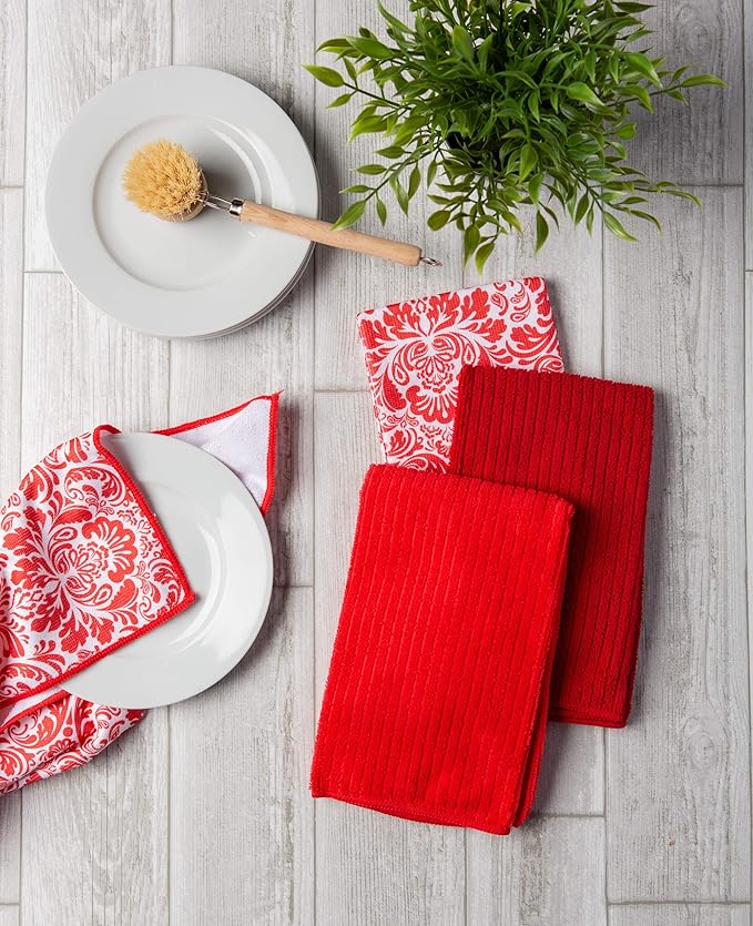 DII Cleaning Collection Multi-Purpose Microfiber, Red Damask, Dishtowel Set