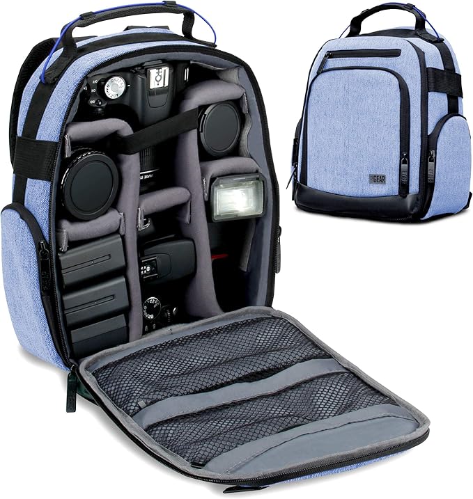 USA Gear Portable Camera Backpack for DSLR with Customizable Accessory Dividers, Weather Resistant Bottom and Comfortable Back Support - Compatible with Canon, Nikon, Sony, Fujifilm, and More (Blue)