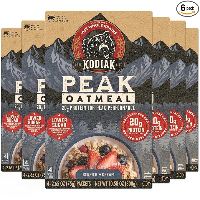 Kodiak Cakes Peak Instant Oatmeal Packets, Berries & Cream, High Protein,100% Whole Grains, 6 box with 4 packets each (Total of 24 packets)