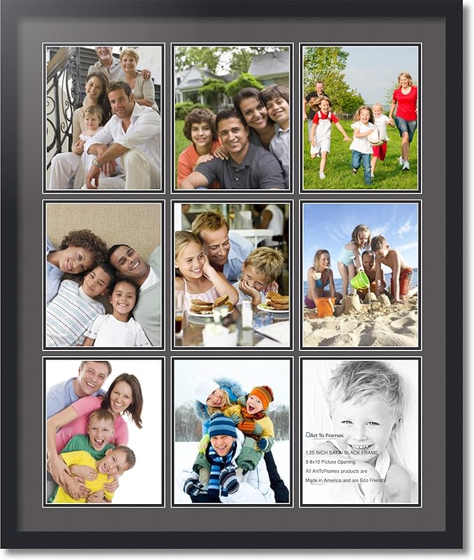 ArtToFrames Collage Photo Frame Double Mat with 9-8x10 Openings with Satin Black Frame and Charcoal mat.