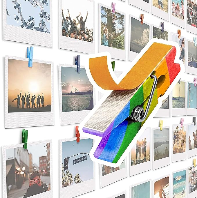 20 Pack Mini Self Adhesive Clips for Pictures - Mixed Colors Wood Clip Photo Holders for Wall, Poster Hanger, Photo Cards Hanging Display Board & Picture Boards, Artwork Photos Holders Card Room Decor