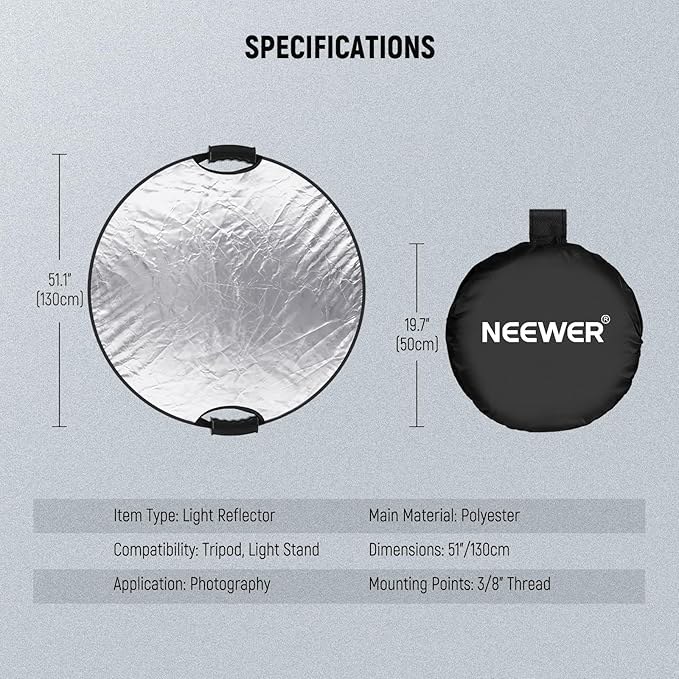 NEEWER 51"/130cm Light Reflector with Handle Grip & 3/8" Thread, 5 in 1 Foldable Disc Light Diffuser Translucent/Silver/Gold/White/Black for Photography Lighting, Outdoor Lighting, RF-130II
