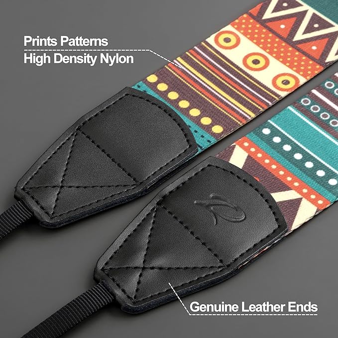 Padwa Lifestyle Bohemian Camera Strap - 2" Wide Genuine Leather Ends Camera Straps for Photographers, Vintage Boho Print Nylon Weave Strap with Camera Quick Release fits All Cameras