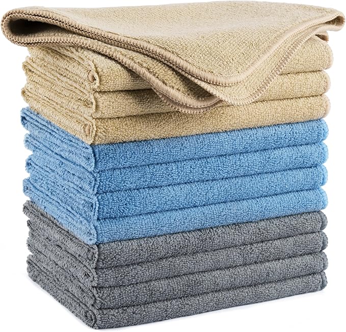 POLYTE Professional Microfiber Cleaning Cloth, 14 x 14 in, Blue, Camel, Gray (12 Pack)