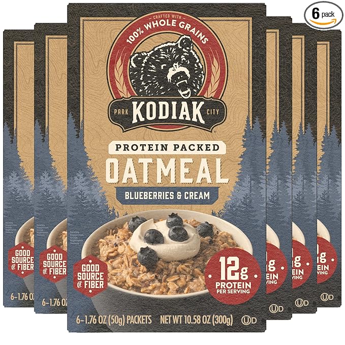 Kodiak Instant Oatmeal Packets, Blueberries & Cream, High Protein, 100% Whole Grains, 6 boxes with 6 packets (36 packets)