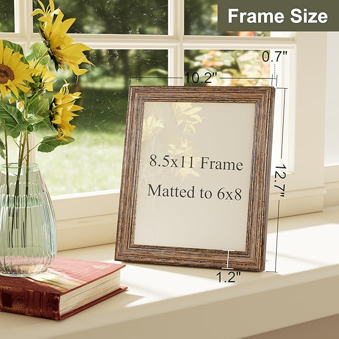 Vittanly 8.5x11 Picture Frame Set of 4, Vintage Photo Frame for Wall Mount, Display 6x8 Pictures with Mat or 8.5x11 without Mat, Rustic Farmhouse Home Decor, Walnut