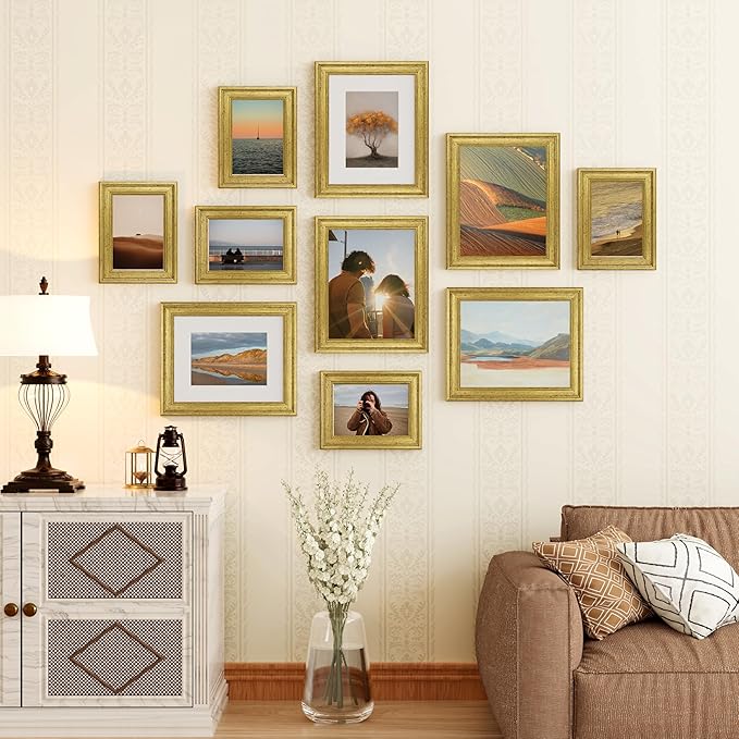 Vittanly 8x10 Picture Frame Set of 4, Vintage Photo Frame for Wall or Tabletop, Display 5x7 Pictures with Mat or 8x10 without Mat, Rustic Farmhouse Home Decor, Gold