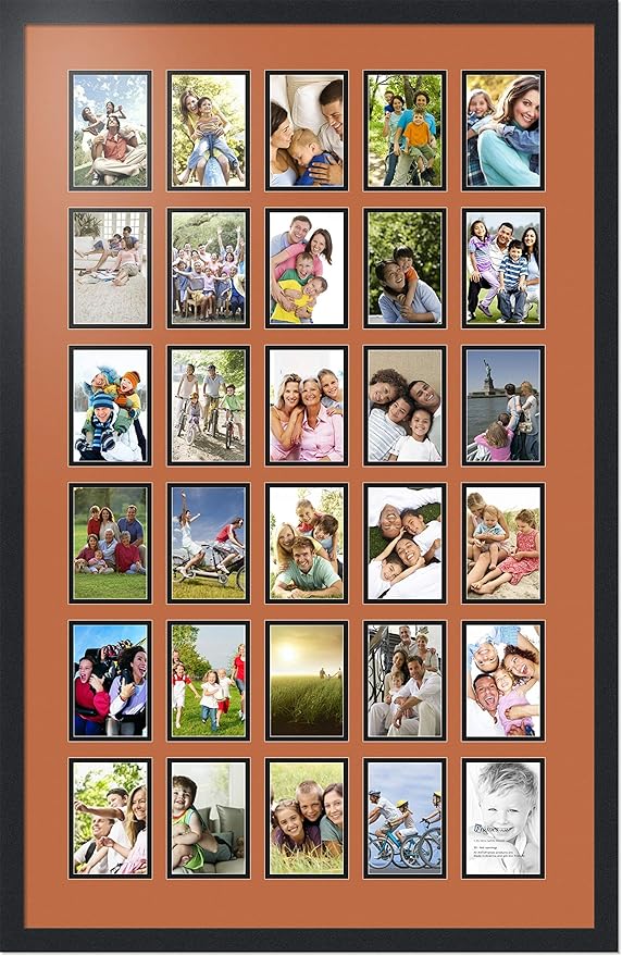 ArtToFrames Collage Photo Frame Double Mat with 30-4x6 Openings with Satin Black Frame and Red Orange mat.