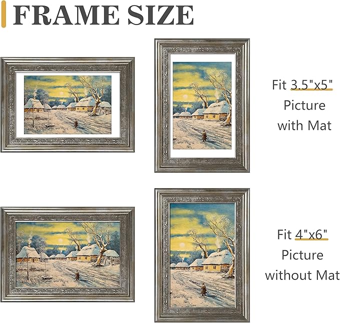VIOLABBEY 4x6 Silver Picture Frame, Display 3.5x5 Photo with Mat or 4x6 without Mat, Ornate Vintage 4 x 6 Frame for Wall Decor or Tabletop Display, Silver
