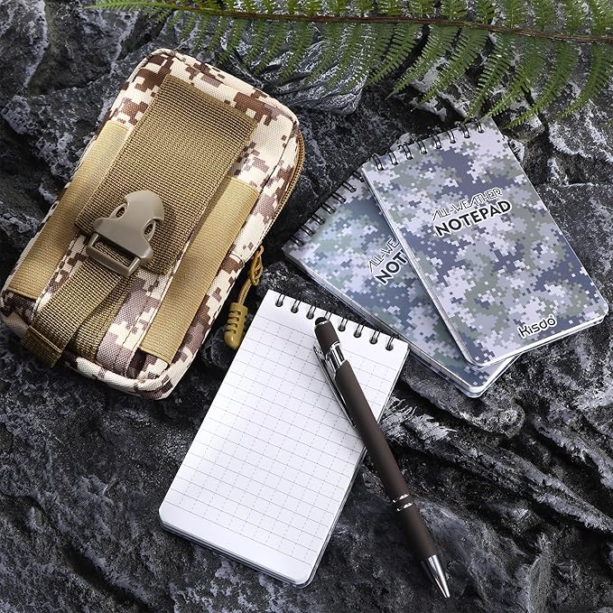 6 Pcs Waterproof Notebook Set, Write in The Rain Notebook, All Weather Notebook, Police Notepad, Field Notes Notebooks, 3 × 5" Pocket Notebook with Pen and Cover for Outdoor Activities Recording (Camouflage khaki)