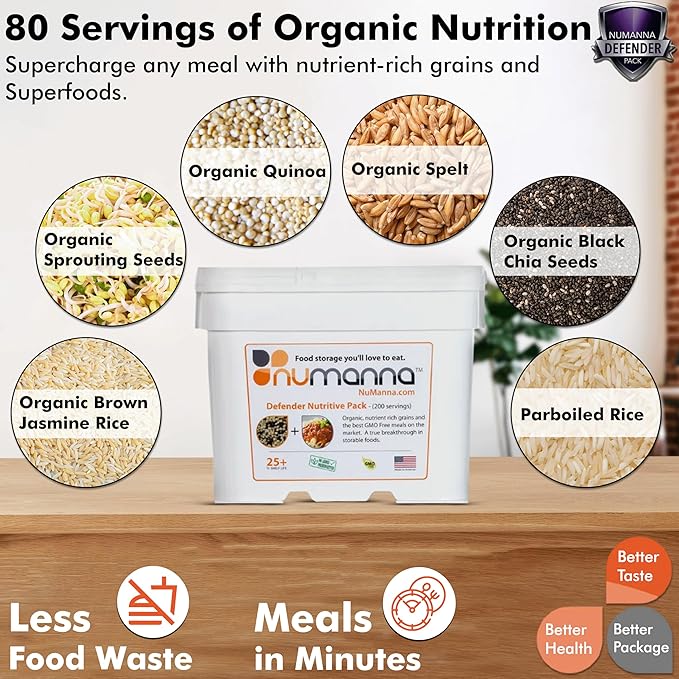 Numanna Defender Nutritive Pack Bucket 2,448 Servings | 12-Months Emergency Food Supply | GMO-Free, Non-Perishable Meals with Organic Grains & Superfoods | Easy to Prepare | Camping & Daily Use