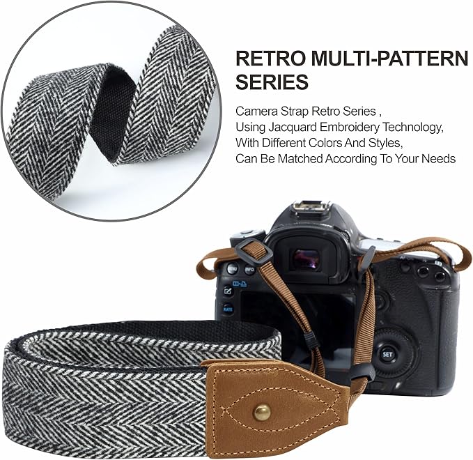 Padwa Lifestyle 2" Wide Classic Crazy Horse Art Cowhide Head Camera Strap - Black White Twill Cashmere Vintage Camera Straps for Photographers, Adjustable Shoulder & Neck Strap Fits All DSLR Cameras