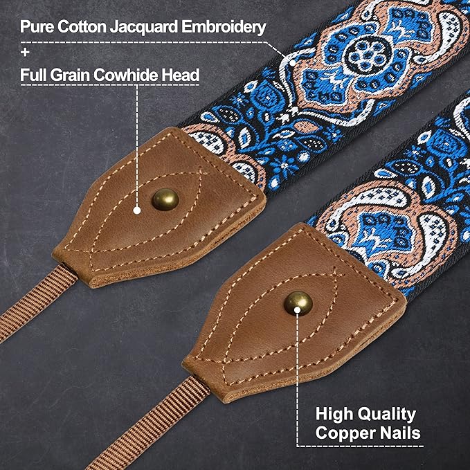 Padwa Lifestyle Camera Strap - 2" Wide Crazy Horse Art Cowhide Head,Vintage Jacquard Embroidery Camera Straps for Photographers Gift, Adjustable Shoulder Neck Strap Fits DSLR Cameras(Elegant Blue)