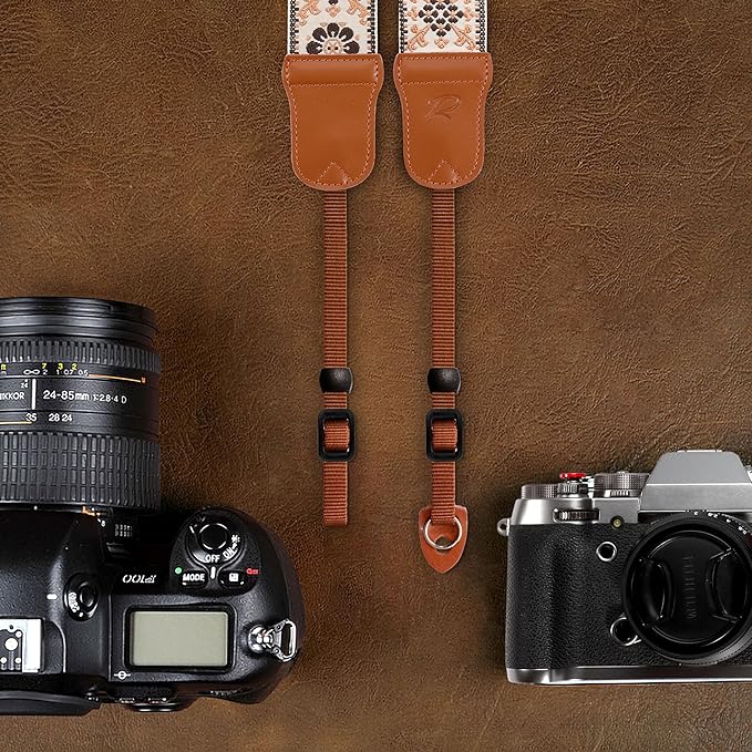 Padwa Lifestyle Camera Strap - 2" Cowhide Head Camera Straps for Photographers,Adjustable Vintage Jacquard Embroidery Woven Cotton Shoulder Neck Strap for Cameras,Binoculars（Elegant Brown Floral）