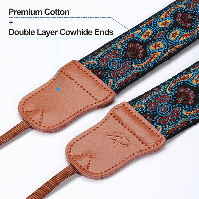 Padwa Lifestyle Mystic Blue Camera Strap - Double Layer Cowhide Ends,2" Pure Cotton Embroidered Woven Camera Straps,Universal Neck&Shoulder Strap Adjustable for All DSLR Cameras,Gift for Photographers