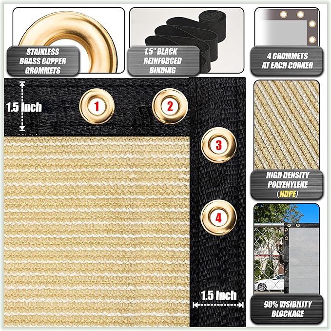 ColourTree Customized Size Fence Screen Privacy Screen Beige 5' x 157' - Commercial Grade 170 GSM - Heavy Duty - 3 Years Warranty - Cable Zip Ties Included
