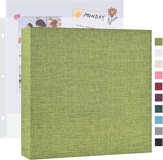 Mublalbum 12x12 Inch Large 3 Ring DIY Scrapbook Photo Album with 20 Plastic Sleeves 40 Pages Linen Cover Folder Binder for Baby Travel Wedding Anniversary and DIY Projects (Green)