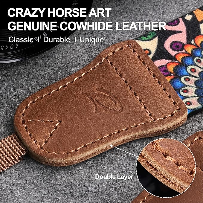 Padwa Lifestyle Camera Strap - 1.5" Soft Nylon Print Crazy Horse Cowhide Head Camera Straps for Photographers and All Cameras,Cute Adjustable Vintage Woven Strap for Adults & Kids(Bohemian Bloom)