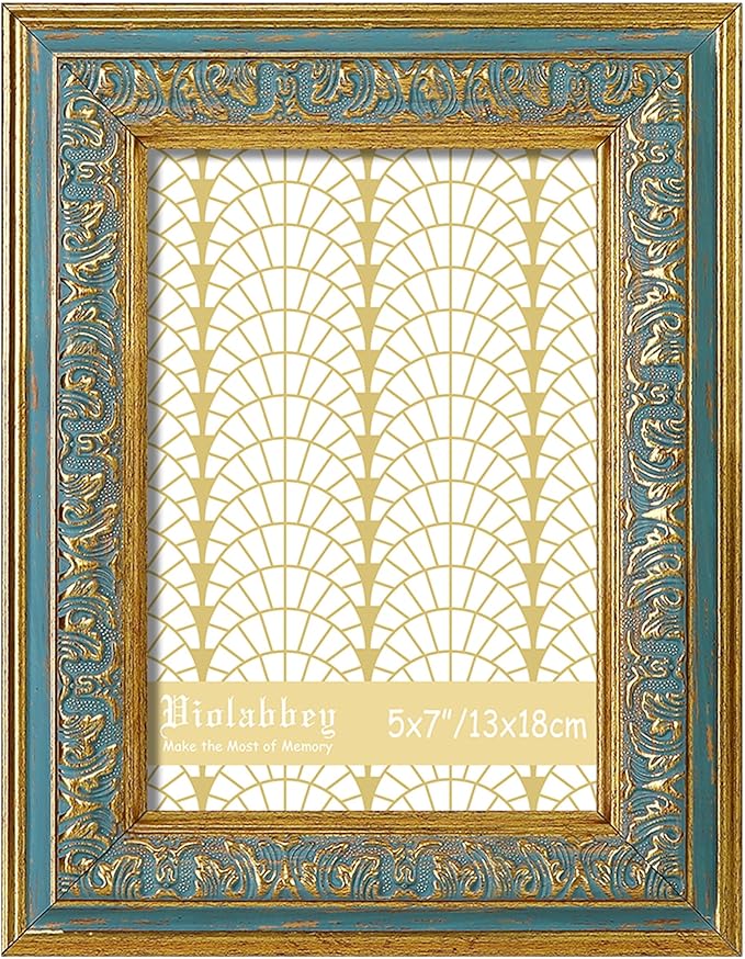 VIOLABBEY 5x7 Picture Frame Blue, Vintage Photo Frames Ornate without Mat for Tabletop or Wall Hanging