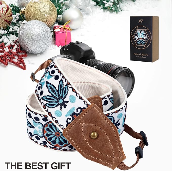 Padwa Lifestyle Camera Strap - 2" Wide Classic Vintage Crazy Horse Arts Cowhide Head Cotton Embroidered Universal Neck Shoulder & Crossbody Camera Straps for Photographers Gift and All DSLR Cameras