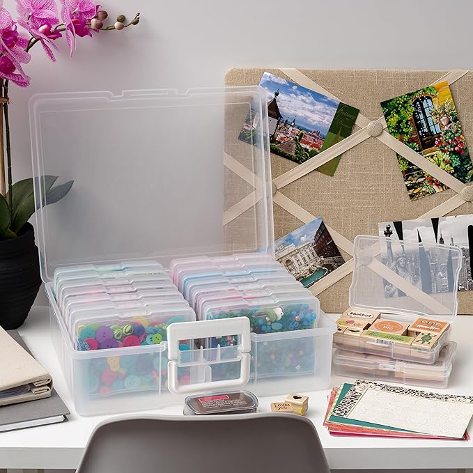 IRIS USA 4" x 6" Photo Storage Box Craft Keeper, 2-Pack Organizers with 16 Picture Containers for Tasks, Stickers, Ephemera, & Flashcards, Clear