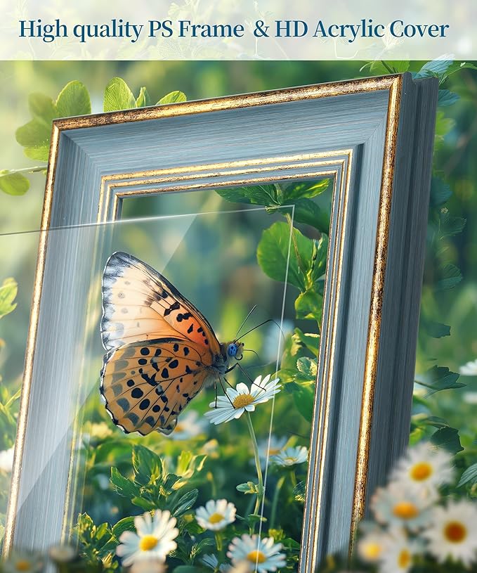 Afuly A4 Picture Frame Blue Gold Vintage Elegant Retro Antique Distressed Unique Wall Hang Desktop Photo Display Home Decor Anniversaries Birthday Gifts for Women Mom Grandma Parents