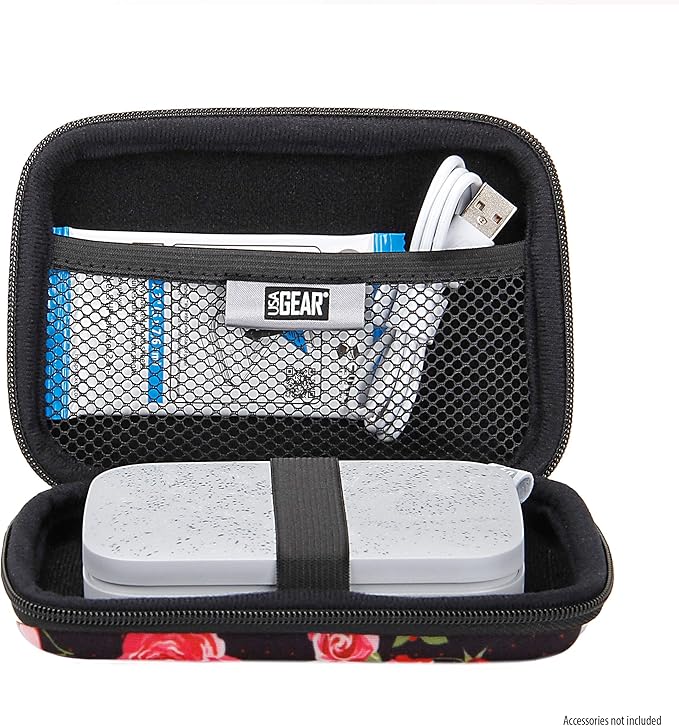 USA Gear Instant Printer Case Compatible with HP Sprocket 2x3, Instax Mini Link 2, Kodak Printomatic, Photo Paper, Cable & more - Hard Shell Portable Printer Carrying Case with Wrist Strap (Floral)
