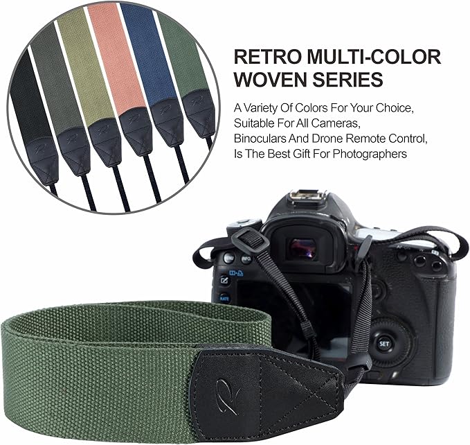 Padwa Lifestyle Dark Green Camera Strap - 2" Wide Cotton Woven Genuine Leather Head Camera Straps,Complimentary 2 Pcs Quick Release Clips for All DSLR/SLR Cameras, Binoculars and Drone Remote Control