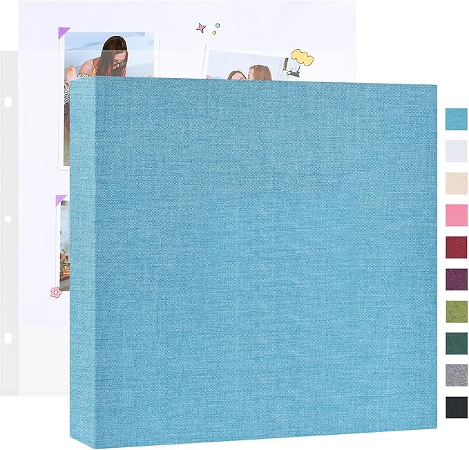 Mublalbum 10x10 Inch Large 3 Ring DIY Scrapbook Photo Album with 20 Plastic Sleeves 40 Pages Linen Cover Folder Binder for Baby Travel Wedding Anniversary and DIY Projects (Blue)