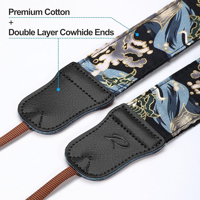 Padwa Lifestyle Blue Wave Camera Strap - 2" Cowhide Leather Head Cotton Camera Straps for Photographers,Vintage Japanese Art Print Adjustable Neck & Shoulder Strap for ALL DSLR/SLR Cameras