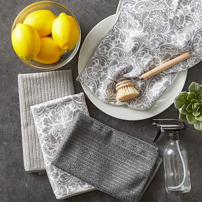 DII Cleaning Collection Multi-Purpose Microfiber, Gray Damask, Dishtowel Set