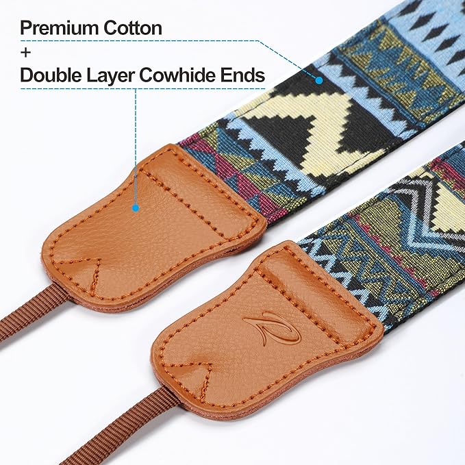 Padwa Lifestyle Camera Strap - 2" Cowhide Head Camera Straps for Photographers,Vintage Jacquard Embroidery Woven Cotton Adjustable Shoulder Neck Straps for Cameras,Binoculars（Cool Ethnic Style Green）
