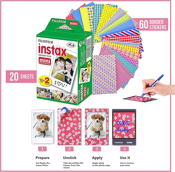 Fujifilm Instax Mini Instant Film (3 Pack, 60 Sheets) 5 Plastic Desk Frames, 60 Sticker Frames, 10 Hanging Creative Frames, 1 Pack Corner Stickers.