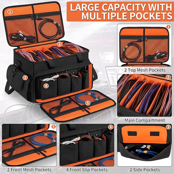 DJ Cable File Bag With Adjustable Dividers, Dj Gig Bag for Cables, Cords, DJ Gear, Sound Instrument and Accessories, Cable Organizer Bag 16L x 11W x 12H inch