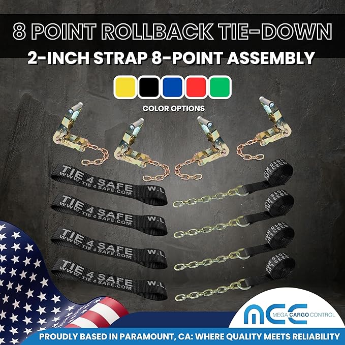 Mega Cargo Control Black Roll Back Tie Down System Chain Ends 8 Point Tie Down Kit for Car Hauler Carrier Tow Truck